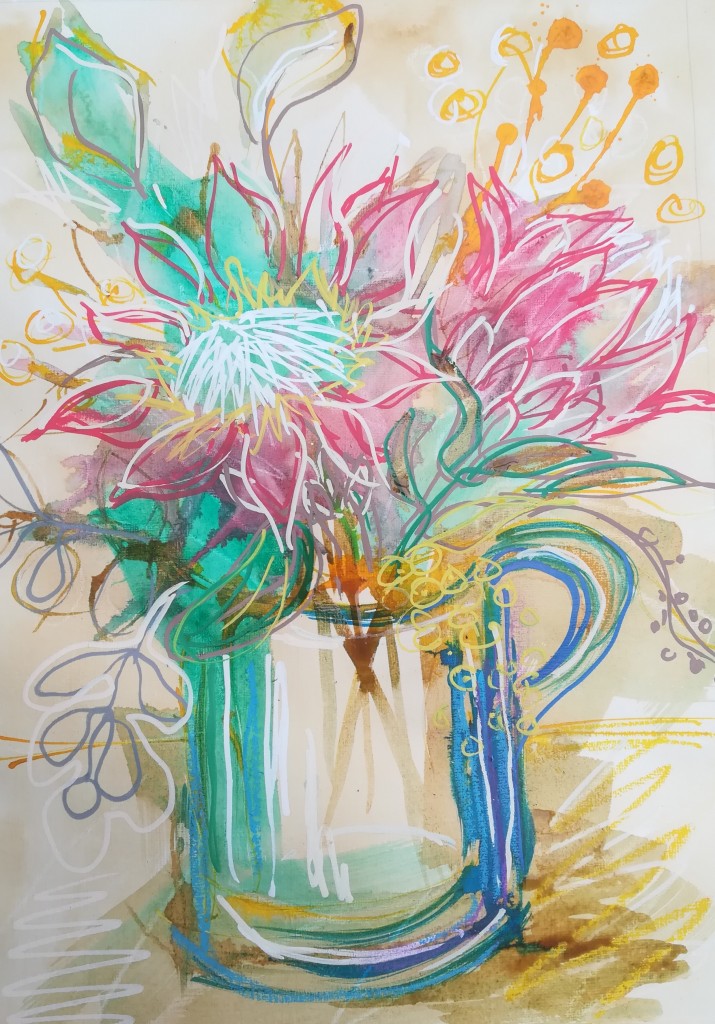 Mixed media Proteas Jenny Bowes Meyer